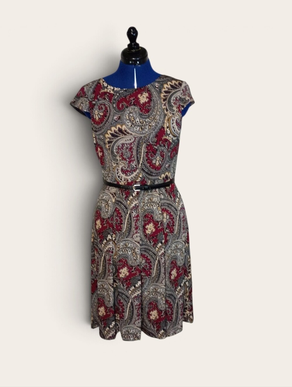 Liz Claiborne Red Paisley Cap-Sleeve Fit & Flare Belted Dress